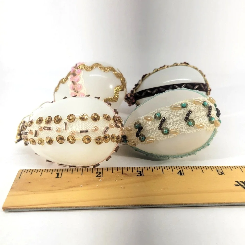 Vintage Glass Beaded Eggs Ornaments Set of 4 Embellished‎ Handcrafted Pink Green